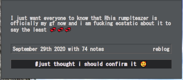I just want everyone to know that Rhia rumplteazer is officially my gf now and i am fucking ecstatic about it to say the least 💞💞💞